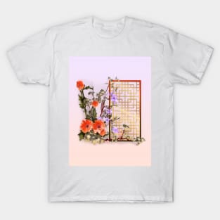 Red sumiE watercolor flowers with a chinese lattice T-Shirt